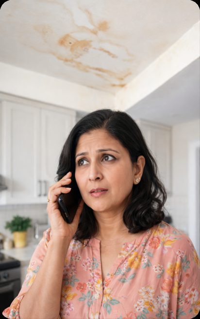 Worried customer on the phone reporting a leak